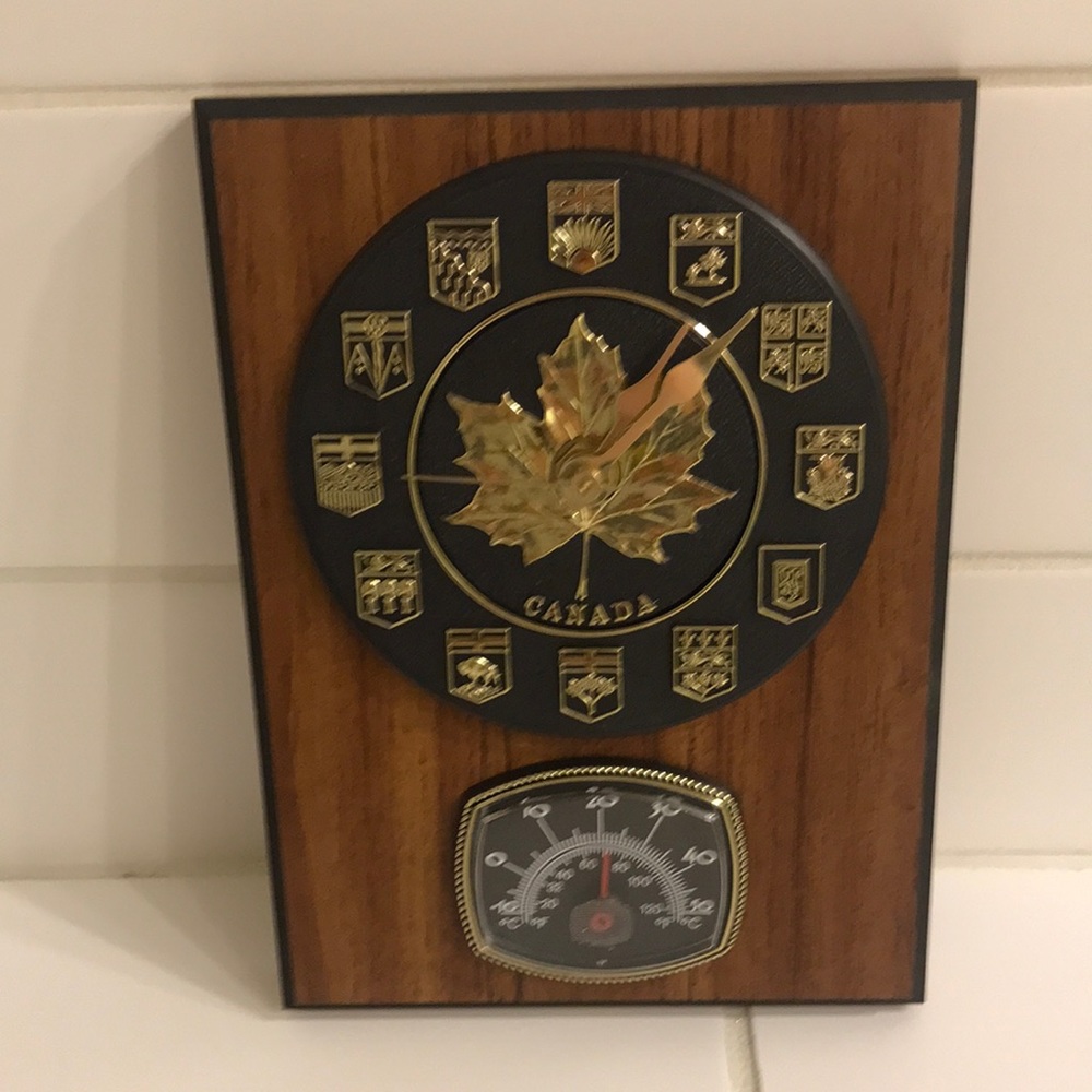 Vintage wooden clock with Canadian provincial / territorial crests, thermometer